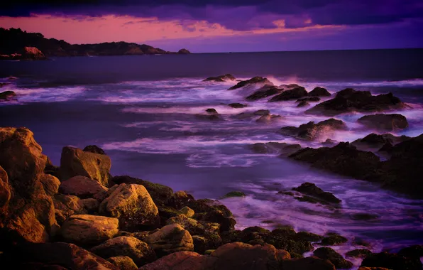 Picture sea, sunset, clouds, stones, shore, horizon, CA, surf