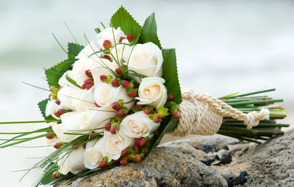 Picture sea, mood, shore, roses, bouquet, wedding, rope