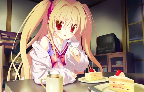 TV, schoolgirl, red eyes, long hair, in the room, snacks, visual novel, piece of cake
