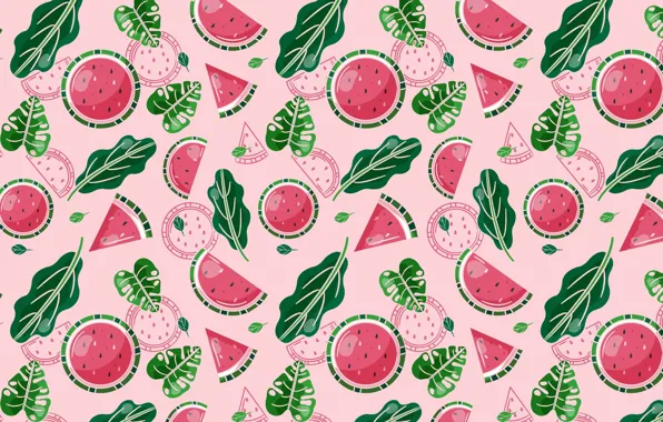 Leaves, texture, watermelon, fruit, circles, pink background, watermelons, slices