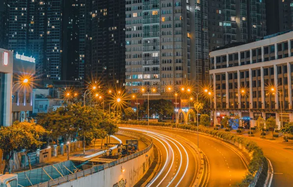 Road, night, the city, lights, home