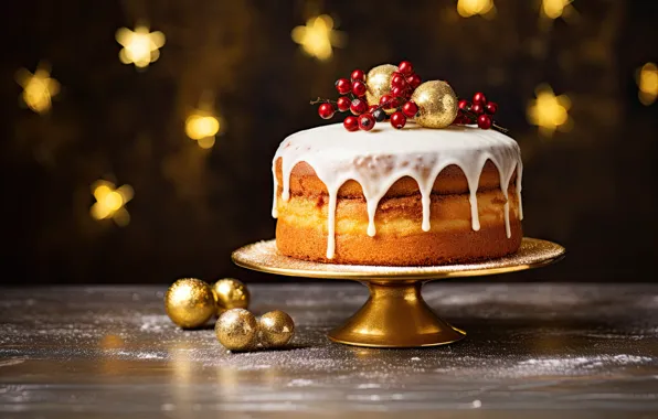 Balls, lights, berries, table, toys, fruit, Christmas, pie