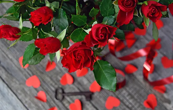 Roses, bouquet, hearts, vase, key