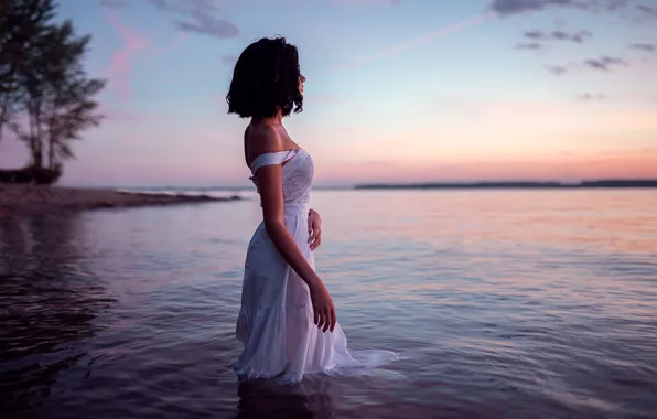 Girl, sunset, pose, river, in the water, sundress, Maxim Gontarev