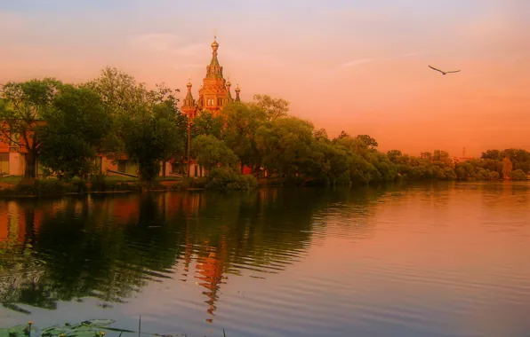 Picture trees, landscape, sunset, nature, river, the evening, temple, Bank