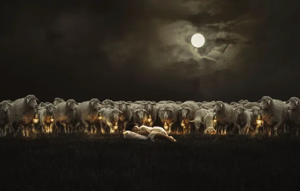 Field, the sky, grass, night, clouds, darkness, rendering, fantasy