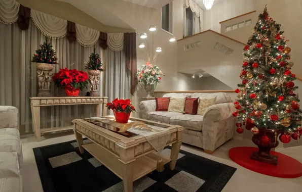 Flowers, table, room, sofa, holiday, tree, new year, Christmas