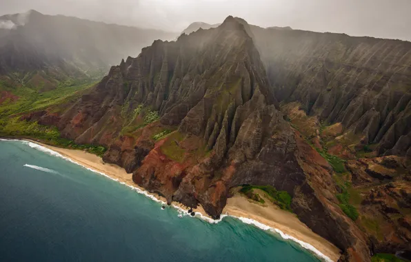 Picture sea, wave, beach, clouds, fog, shore, boat, Cathedral