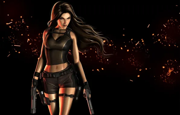 Picture look, girl, weapons, hair, guns, art, Tomb Raider, black background