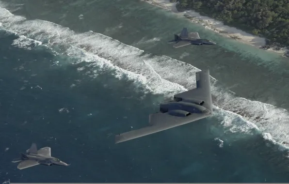 Picture pacific ocean, two f22, b-2