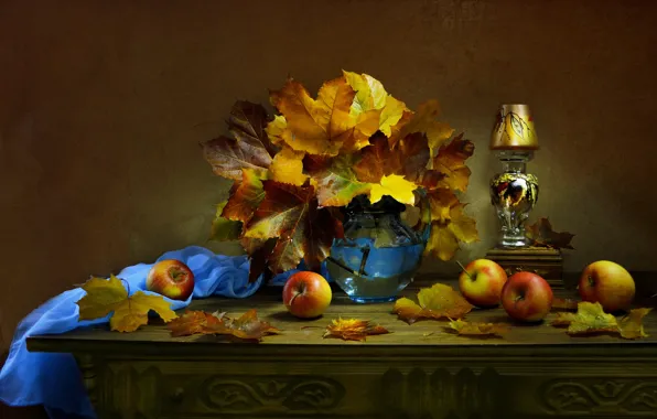 Picture leaves, apples, lamp, fabric, maple, pitcher, fruit, still life