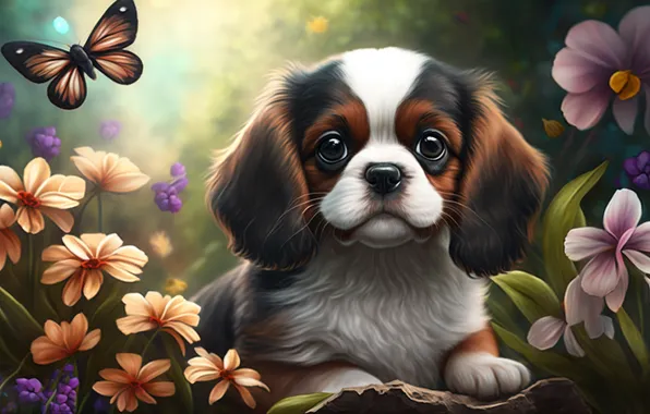 Summer, look, flowers, nature, butterfly, dog, puppy, face
