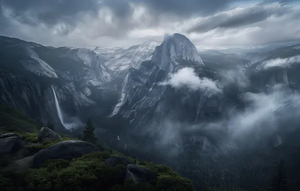 Landscape, mountains, fog, yosemite