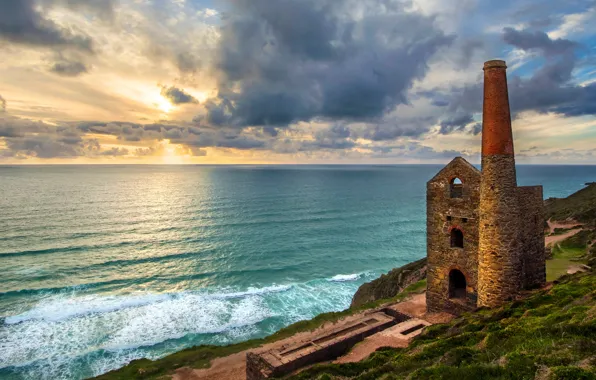 Sea, the sky, clouds, coast, England, tower, horizon, the ruins