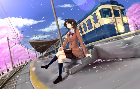 Girl, train, spring, station, petals, Sakura, art, the platform