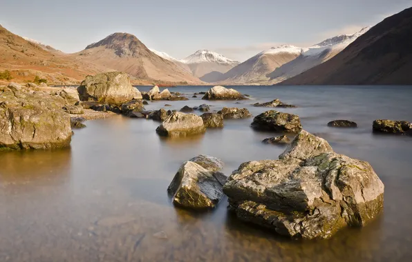Landscape, mountains, lake, stones
