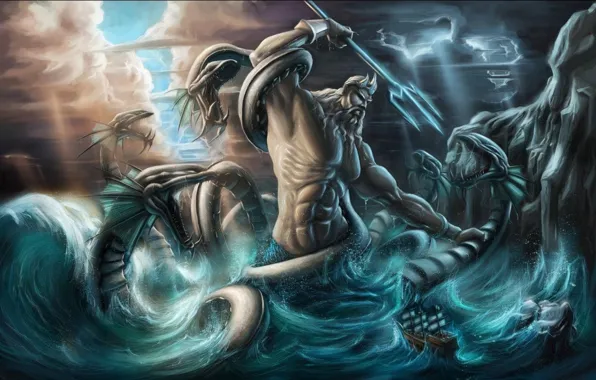 Picture snakes, zipper, crown, Trident, the God of the seas, fantastic art, powerful physique, light bring …