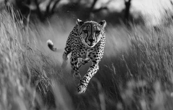 Grass, Running, Predator, Cheetah, Front, Digital art, Black and white, Big cat