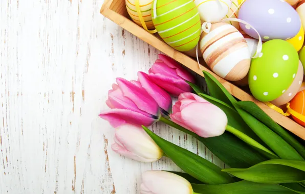 Picture flowers, eggs, spring, colorful, Easter, tulips, happy, wood