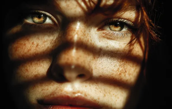 Look, girl, light, pose, strip, portrait, freckles, shadows