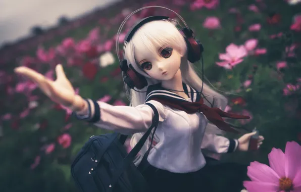 Flowers, doll, blonde, kosmeya