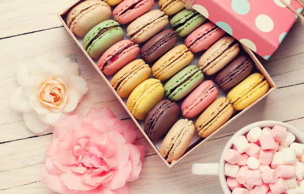Flowers, gift, colorful, wood, pink, flowers, macarons, gift box