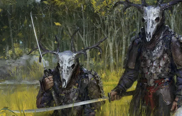 Forest, skull, sword, warrior, helmet, Hunter, armor