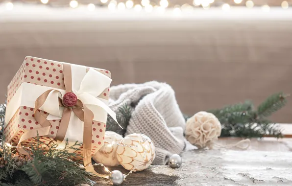 Balls, box, gift, Christmas, New year, bow, needles, bokeh