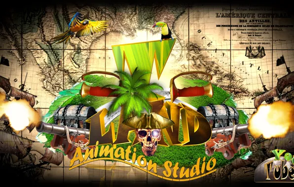 Sea, Islands, palm trees, skull, map, sailboat, gun, hat