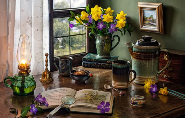 Flowers, style, books, lamp, bouquet, picture, kettle, mug
