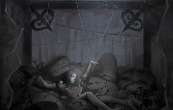 Glass, cracked, blood, shards, knife, broken, puppet, Alice madness vozvrashaetsja