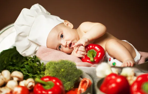 Picture greens, children, mushrooms, lies, pepper, vegetables, tomatoes, child