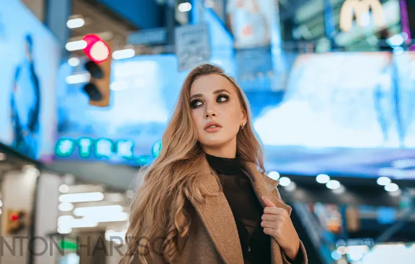 Pose, background, model, portrait, makeup, hairstyle, blonde, coat