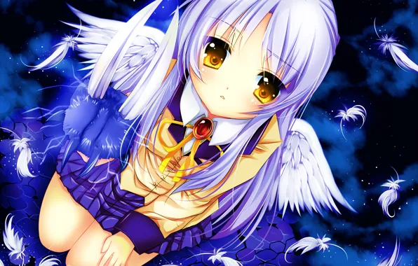Picture girl, wings, anime, feathers, art, schoolgirl, angel beats!, angel beats