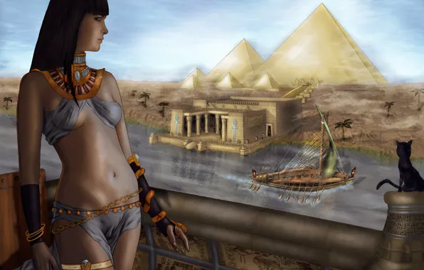 Cat, girl, river, ship, sailboat, art, pyramid, Egypt