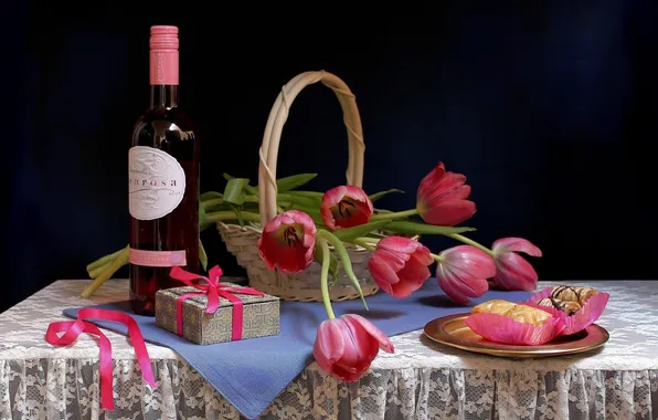 Picture gift, wine, basket, plate, pink, tape, tulips, cakes