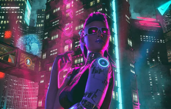 Picture Girl, Night, The city, Neon, sci-fi, Cyborg, Cyborg, Cyberpunk