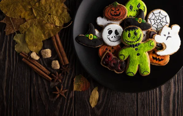 Halloween, ghost, monster, hat, wood, food, leaves, sweets