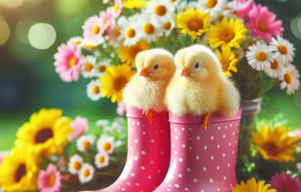Greens, light, flowers, birds, glade, chickens, bouquet, yellow
