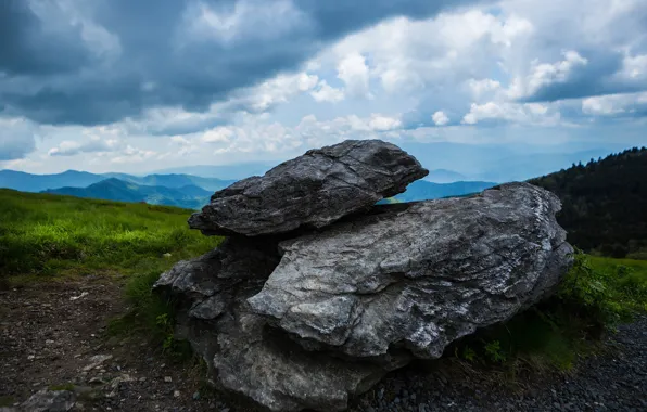 The sky, grass, clouds, landscape, mountains, nature, fog, stones