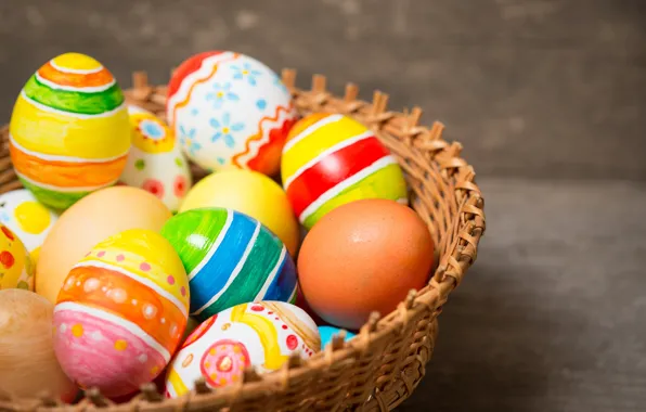 Picture basket, colorful, Easter, happy, wood, Easter, eggs, holiday