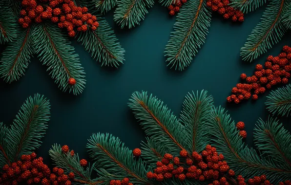 Branches, berries, texture, fruit, Christmas, red, New year, needles