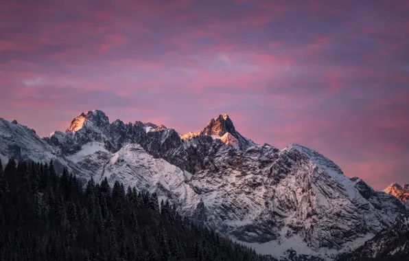 Winter, the sky, clouds, snow, trees, mountains, nature, rocks