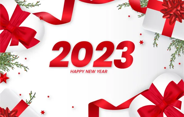Branches, tape, the inscription, figures, gifts, red, white background, New year