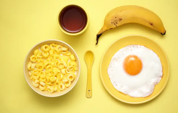 Picture egg, Breakfast, banana, cereal, Yellow breakfast