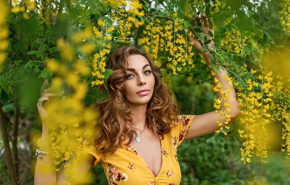 Picture flowers, blonde, yellow dress, A Diakov George