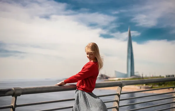 Picture sea, girl, pose, the wind, Andrey Brandis