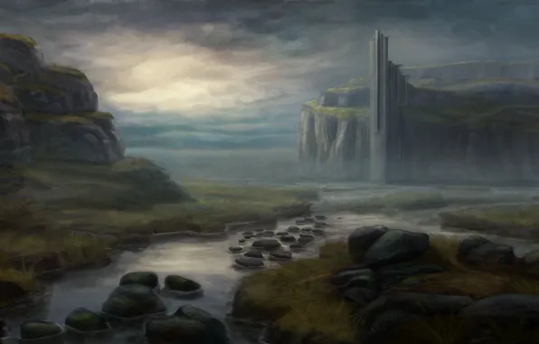Landscape, stream, stones, rocks, tower, fantasy, art