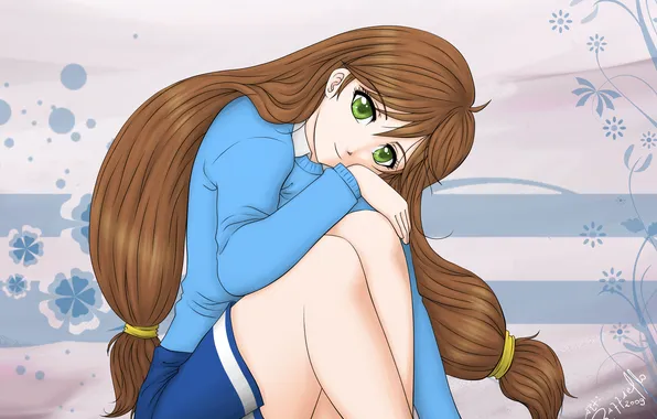 Picture girl, background, hair, anime, art, jacket, sitting, green eyes