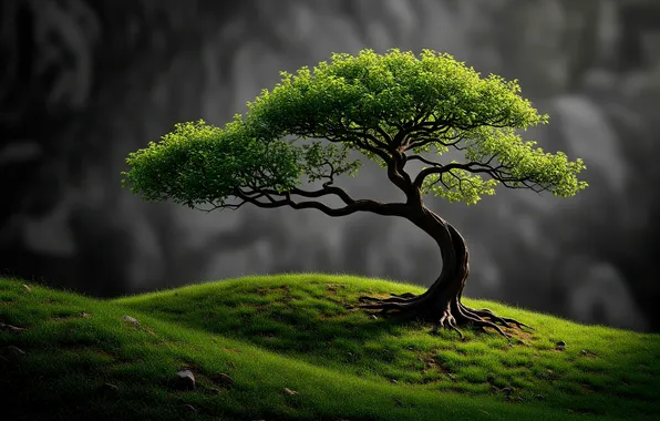 Grass, background, tree, rocks, hills, Wallpaper, art, wallpaper